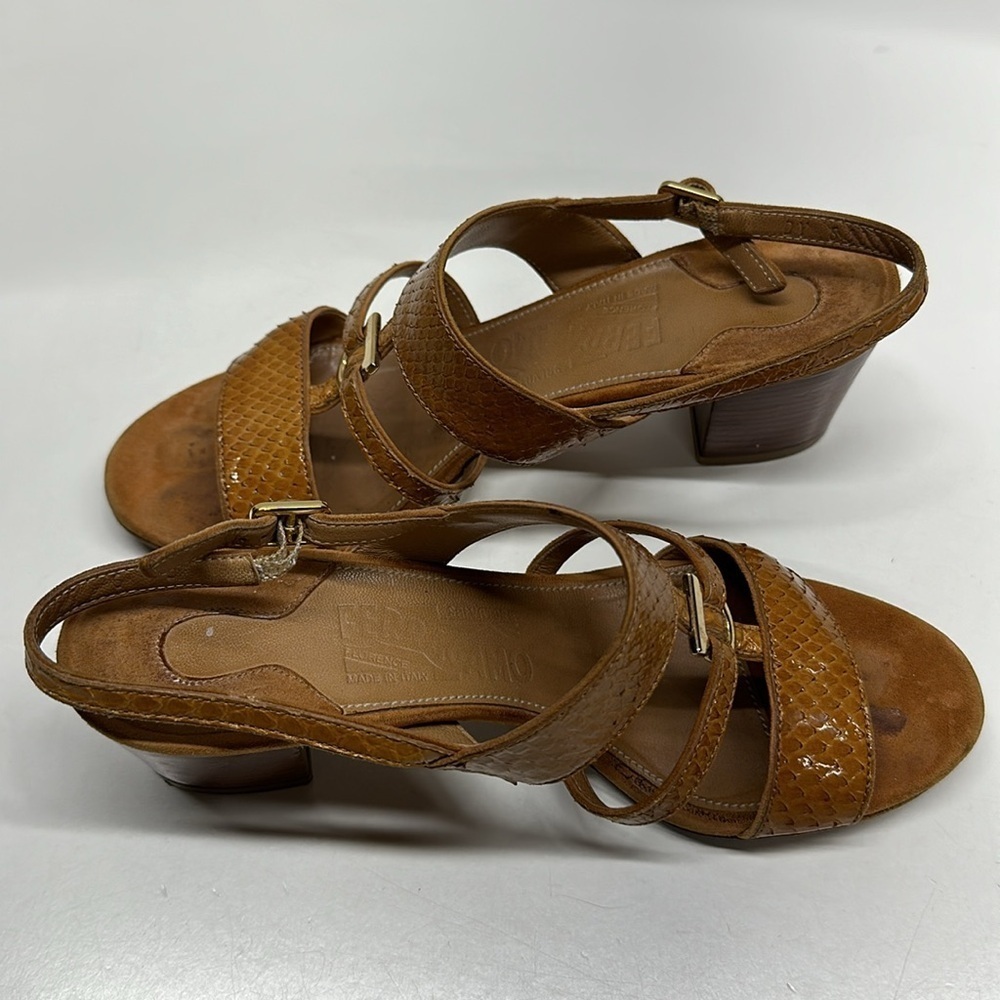 Ferragamo Sandals Shoes High Heel Open Toe Ankle Strap Cognac Brown Size 6 B - Picture 6 of 13